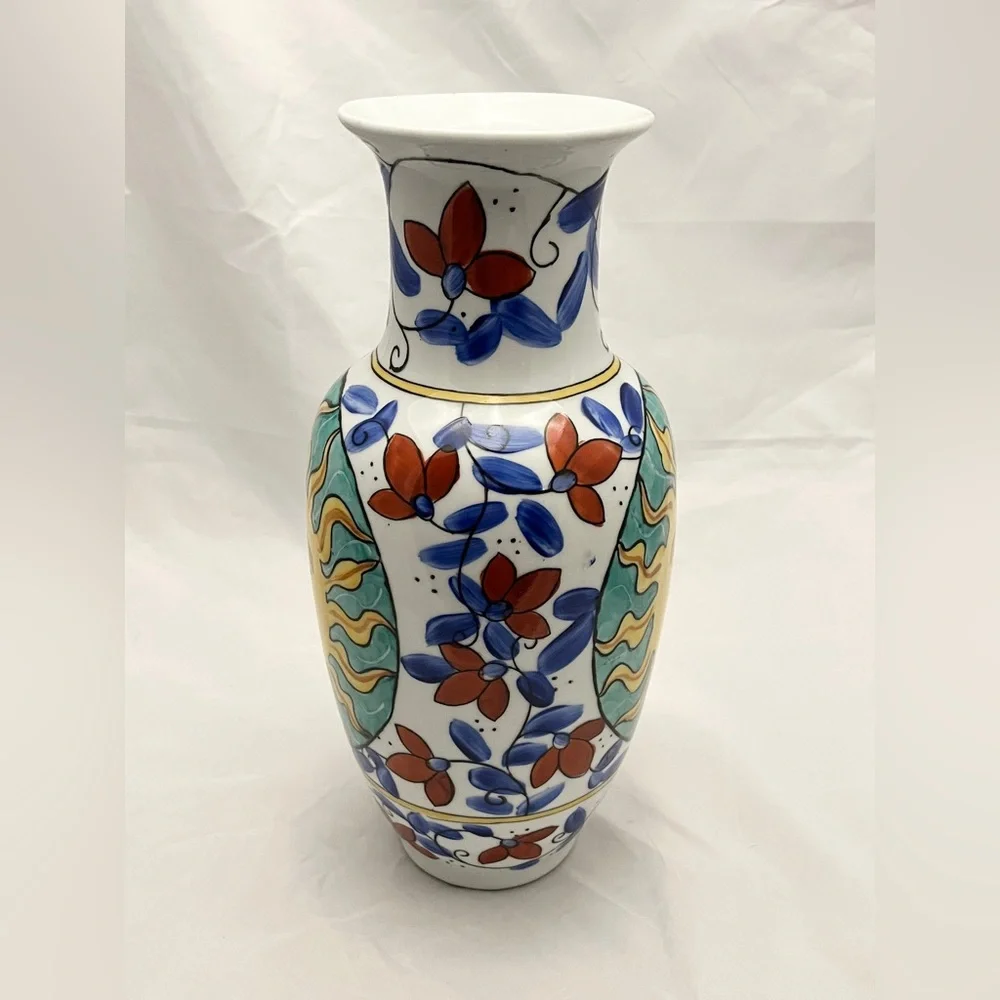Hand-Painted Sunburst Ceramic Vase, 12 inch tall, MCM Home Decor EUC